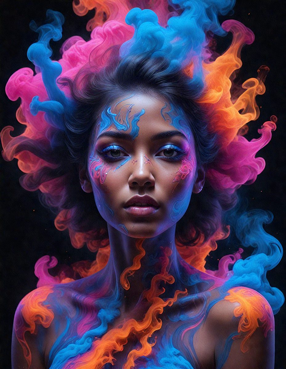 The primary subject of the image is a woman with a vibrant and colorful appearance. She is painted with a mix of blue, pink, and orange colors, giving her a unique and eye-catching look. The setting is a dark background, which contrasts with the woman's vivid colors. The visual style of the image is a digital art or illustration, showcasing the artist's creativity and skill in painting the woman's face. The overall atmosphere of the image is lively and energet